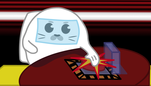 Biała foka w stroju z gry komputerowej Among us wciska czerwony guzik.